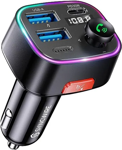 Syncwire Bluetooth 5.3 FM Transmitter for Car, 48W Max Dual USB Car Charger Adapter, Wireless Radio, LED Display, Hands-Free Calling, Music Player Adapter Support 64G USB Drive, Light Switch, Blue