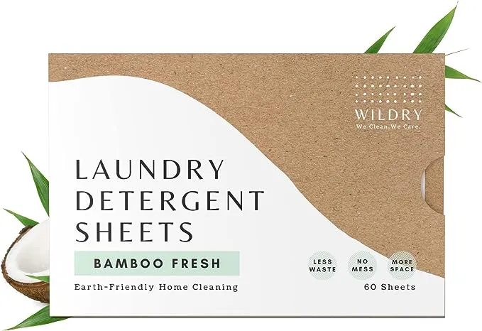 WILDRY Eco-Friendly Laundry Detergent Sheets - Plastic free, Zero Waste, Biodegradable, & Travel Friendly (Bamboo Fresh, 60 Sheets) - Liquidless, No Mess, Plant-based, Hypoallergenic & Premium-quality Washer Strips