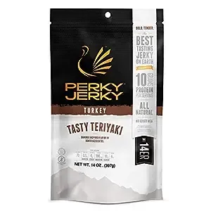 Perky Jerky Tasty Teriyaki Turkey Jerky, 14oz - Low Sodium - 10g Protein per Serving - Low Fat - 100% U.S. Sourced - Tender Texture and Bold Flavor