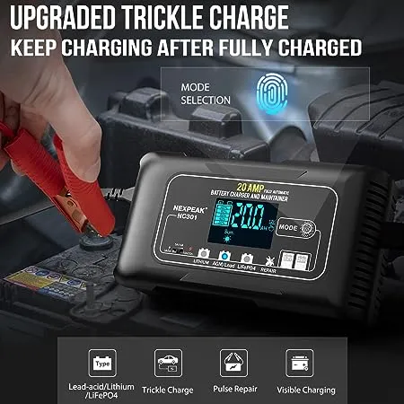 20A Smart Car Battery Charger, 12V 24V Lithium LiFePO4 Lead Acid Battery Charger, Trickle Charger, Battery Maintainer and Desulfurizer with Temperature Compensation for Cars, Boat, Motorcycles