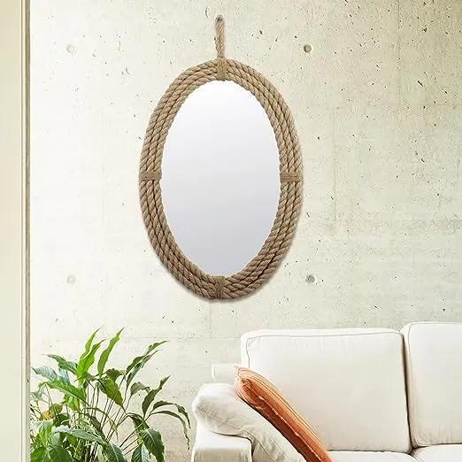 Oval Rope Wall Mirror With Loop Hanger Tan