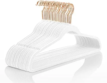 MIZGI Premium Velvet Hangers (50 Pack) Heavy Duty - Non Slip Felt Hangers - White - Rose Gold Swivel Hooks,Space Saving Clothes Hangers,Durable Strong Hangers for Suits,Coats,Dress