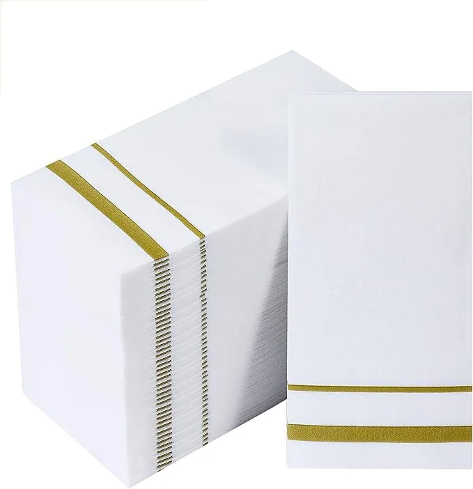 [200 Pack] Disposable Guest Towels Paper Hand Towels, Decorative Bathroom Hand Napkins for Kitchen, Parties, Weddings, Dinners or Events, White and Gold