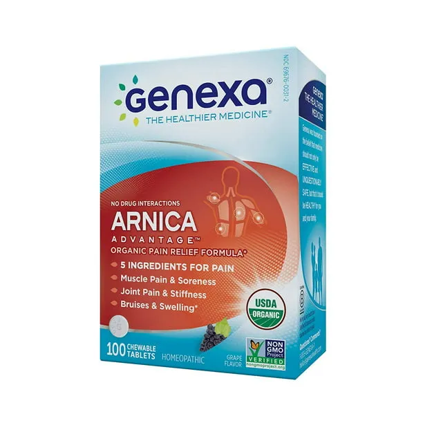 Genexa Arnica Pain Relief Remedy - 100 Chewable Arnica Tablets - Certified Vegan, Organic, Gluten Free & Non-GMO - Homeopathic Remedies