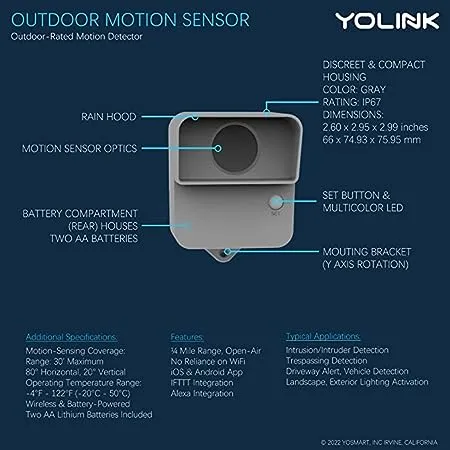 YoLink Smart Outdoor Motion Detector, Trespassing Alarm, Driveway Alert, 1/4 Mile Range LoRa-Powered Wireless Motion Sensor, App for Remote Monitoring