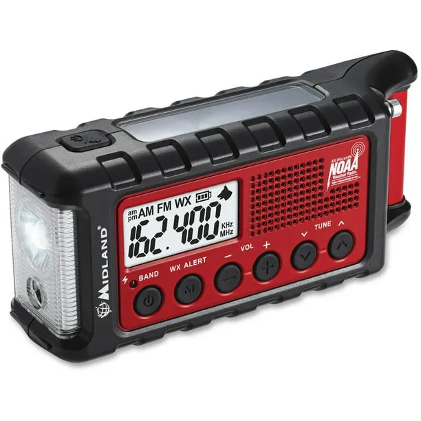 Midland - ER310, Emergency Crank Weather AM/FM Radio - Multiple Power Sources, SOS Emergency Flashlight, Ultrasonic Dog Whistle, & NOAA Weather Scan + Alert (Red/Black)