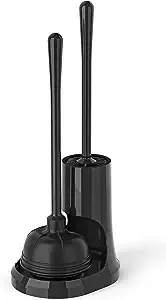 uptronic Toilet Plunger and Brush, Bowl Brush and Heavy Duty Toilet Plunger Set with Holder, 2-in-1 Bathroom Cleaning Combo with Modern Caddy Stand (Black, 1 Set)