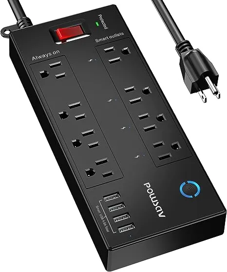 Smart Power Strip Surge Protector - POWSAV 6 Ft WiFi Extension Cord with 8 Outlets(4 Smart Outlets and 4 Always On Outlets) and 4 USB Ports, Compatible with Alexa & Google Home, Black