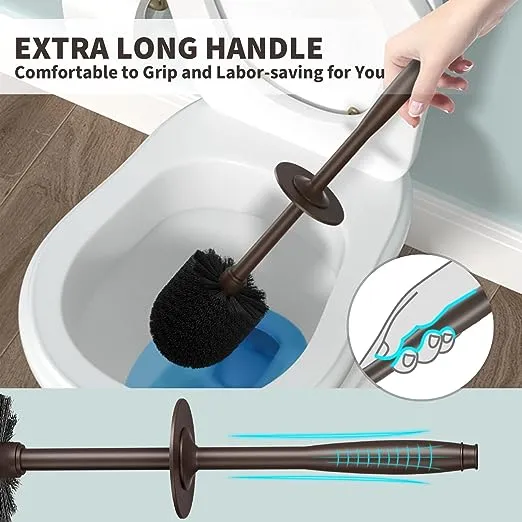 Toilet Brush and Holder 2 Pack, Toilet Bowl Brush with Extra Long Handle, Toilet Scrubber and Covered Holder, Toilet Brushes for Bathroom-Space Saving, Covered Brush, Durable, Deep Cleaning(Bronze)