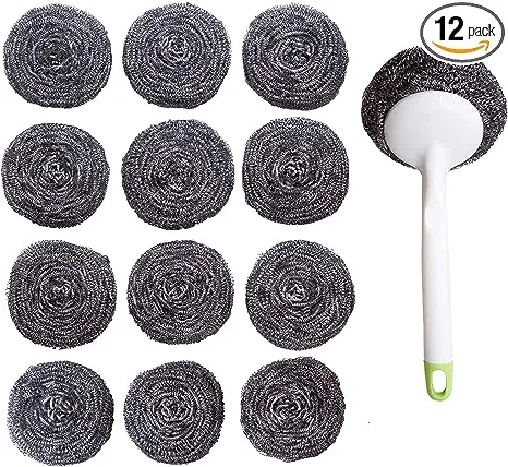 Stainless Steel Sponges Scourer Set with Handle 40 gram - Pack of 12 - Large Stainless Steel Scrubbers - Metal Scouring Pads - Stainless Steel Pot, Pan, Cast Iron Cleaner