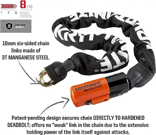 Kryptonite Evolution Mini Bike Chain Lock, 3 Feet Long 10mm Steel Chain Heavy Duty Anti-Theft Sold Secure Gold Bicycle Chain Lock with Keys for Bike, Motorcycle, Scooter, Bicycle, Door, Gate, Fence