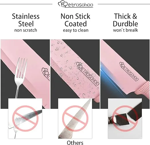 Kitchen Knife Set, Retrosohoo Pink Flower 6PC Stainless Steel Sharp Chef Cooking Non-slip Knife Set with Acrylic Stand & Block, Non-stick Colorful Coating Gift for Women Girls (Pink)