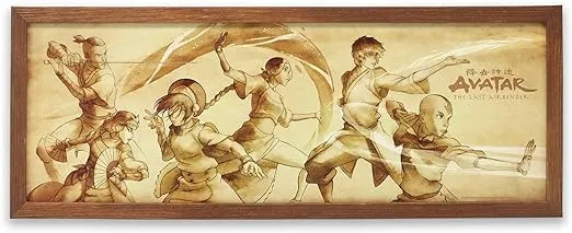 Avatar: The Last Airbender Action Scene Sepia Framed Wood Wall Decor - Vintage Avatar Picture for Kids' Bedroom or Play Room