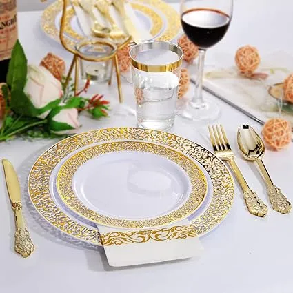 BUCLA 350Pcs Gold Plastic Dinnerware Set