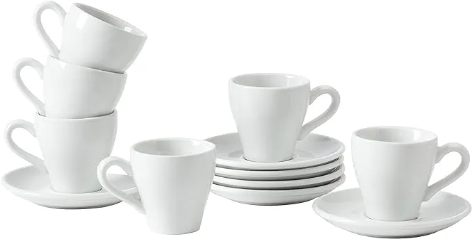 Espresso Cup, with Saucers Tea Cups and Saucers 2 Ounce Set of 6, for Specialty Coffee Drinks, Cappuccino, Latte, Americano and Tea, White