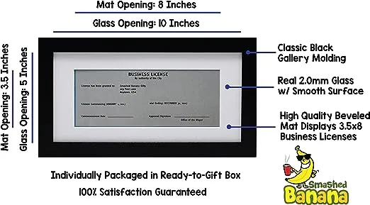 5x10 Black Gallery Business License Frame with 3.5x8 Mat - Two Frames - Wide Molding - Includes Attached Hanging Hardware and Desktop Easel - Display Panoramic Picture or Retail Licenses (2-Pack)