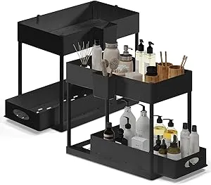 Storagebud 2 Tier Under Kitchen Sink Organizer with Sliding Drawer-Bathroom Cabinet Organizer with Utility Hooks and Side Caddy - 2 Pack - Black