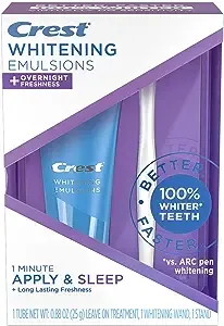 Crest Whitening Emulsions Leave-On Teeth Whitening Gel Kit + Overnight Freshness with Wand Applicator and Stand, Apply & Sleep, 0.88 Oz