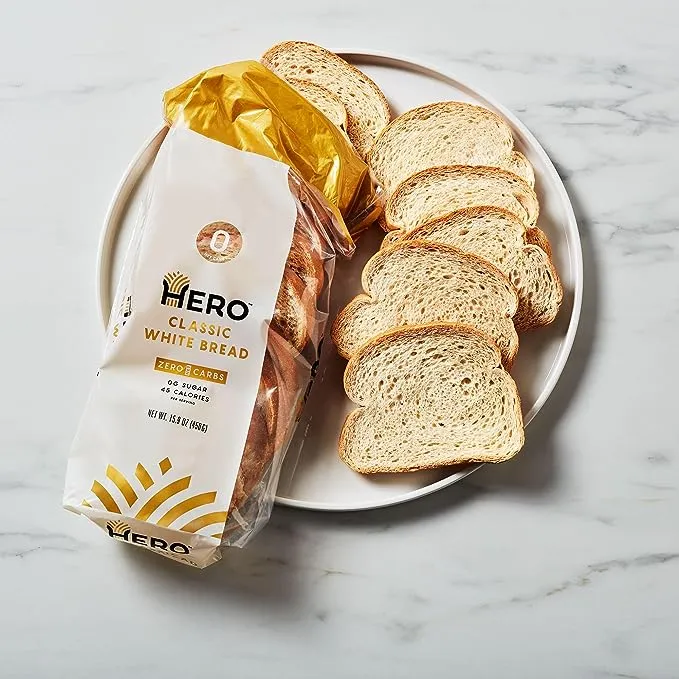 Hero Classic White Bread — Delicious with 0g Net Carb, Sugar, 45 Calories, 11g Fiber per Slice | Tastes Like Regular Low Carb & Keto Friendly Loaf —15 Slices/Loaf, 2 Loaves