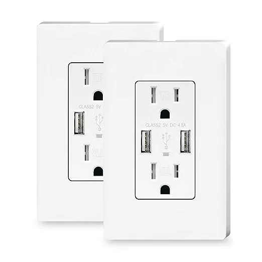 TOPELER 2Pack USB Wall Outlet, 48A High Speed USB Ports with Smart Chip, 15A Tamper Resistant Electrical Receptacle Socket, Screwless Wall Plate