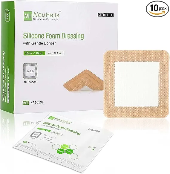 Silicone Adhesive Foam Dressing with Gentle Border 6 x 6 inch for Bed Sore Leg Ulcer, 5 Pack, High Absorbency Waterproof Silicone Wound Bandage for Pressure Ulcer by NeuHeils