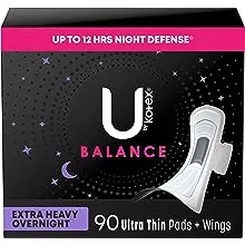 U by Kotex Balance Ultra Thin Overnight Pads with Wings, Extra Heavy Absorbency, 90 Count (Packaging May Vary)