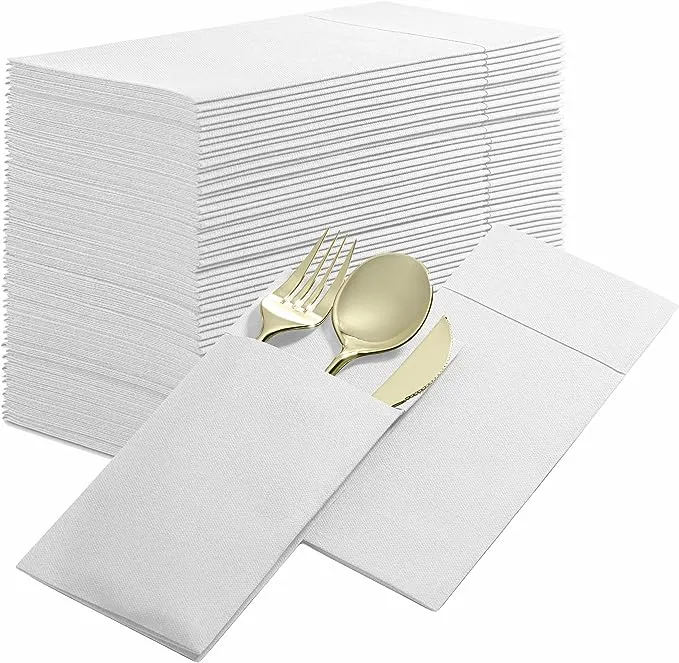 Disposable Linen-Feel Dinner Napkins with Built-in Flatware Pocket, 50-Pack WHITE Prefolded Cloth Like Paper Napkins For Dinner, Wedding Or Party [Silverware NOT Included]