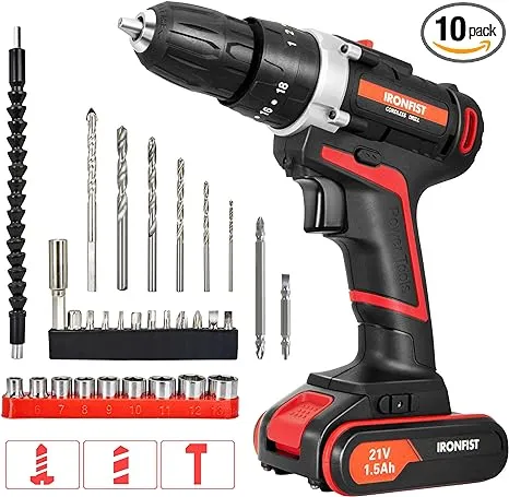 Cordless Drill, Screwdriver Impact Power Tools 21V Lithium Battery 3/8inch Keyless Chuck Led Light 2 Speed Driver