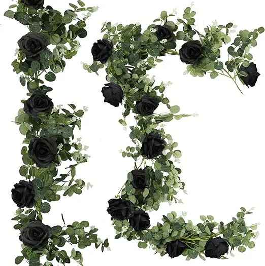 Trimgrace 6.56 Feet Artificial Eucalyptus Garland with Black Roses Faux Greenery Eucalyptus Leaves Rose Vine for Wedding Backdrop Table Runner Centerpiece DIY Wreath Decor