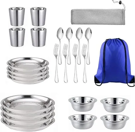 Stainless Steel Bowl Set Kit Polished Stainless Steel Dishes Set| Tableware| Dinnerware| Camping| Buffet| includes - Cups | Plates| Bowls| Cutlery| Comes in Bags