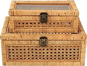 Rattan Decorative Box with Lid, Rectangular Woven with Glass for Display, Set of 2 Wicker for Decor