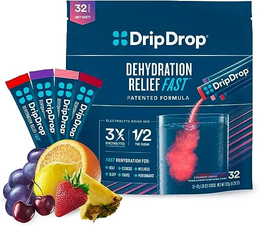 DripDrop Electrolyte Powder Drink Mix for Dehydration Relief Fast, Berry, 32pk