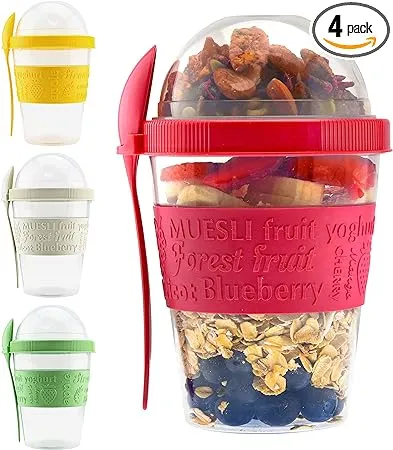 Tribello 20 OZ Overnight Oats Container With Lid, Set of 4 Crunch Cups To Go, Portable Parfait Cup With Compartments for Topping Cereal Or Oatmeal - Red