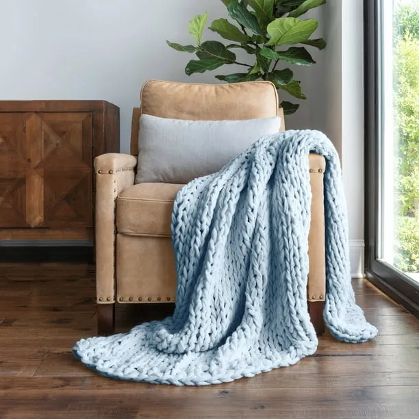 Light Blue Chunky Knit Throw Blanket, One Size, by Noble Linens