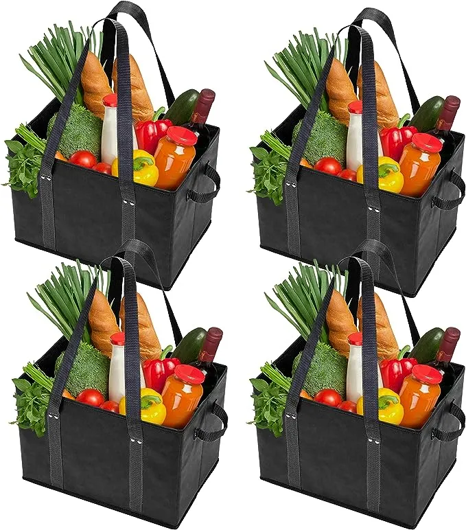 BAG-THAT! 4pk Reusable Grocery Bags Shopping Bags Tote Box Large Heavy Duty Groceries Bag Handles Foldable Reinforced Bottom