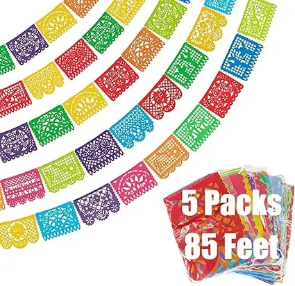 ECOOSTAR 5 Packs 85 ft Mexican Party Banners, Large Plastic Papel Picado Banner, Mexican Themed Party Decorations for Cino de Mayo, Fiesta Party,