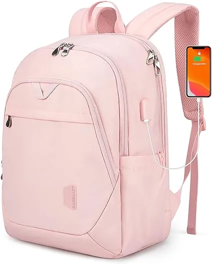 BAGSMART Travel Laptop Backpack Women, 15.6 Inch Anti Theft Laptop Backpack with USB Charging Port Water Resistant Casual Daypack College Bookbags Computer Backpack for Work, Pink