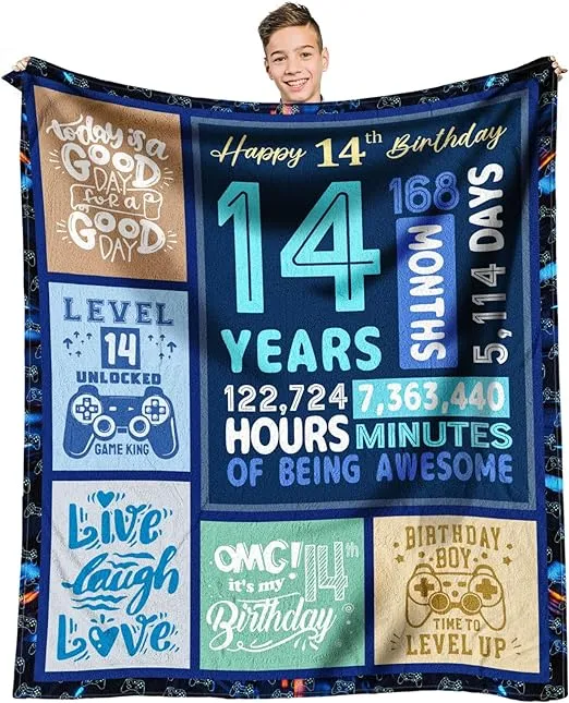 14 Year Old Boy Birthday Gift Ideas Throw Blanket 50”x60”, Gifts For 14 Year Old Boys, 14th Birthday Gifts for Girls Boys, Birthday Gifts for 14 Year Old Boy, 14th Birthday Decorations for Boy