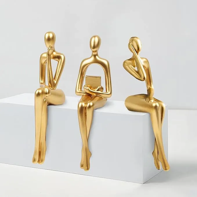 3pcs Gold Decor Thinker Statue, Resin Abstract Man Cutout Art Action Statue Coffee Table Decor for Home Living Room Study Office Bookshelf Ornament