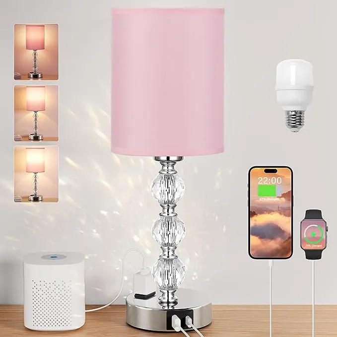 Touch Bedside Crystal Lamps for Bedrooms Nightstand with USB C+A Charging Port and AC Outlet White, 3 Way Dimmable Silver Small End Side Table Lamp for Living/Guest/Dinning Room/Kitchen