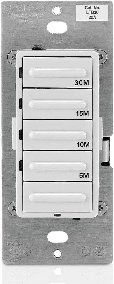 Leviton LTB30-1LZ Decora 1800W Incandescent/20A Resistive-Inductive 1HP Preset 5-10-15-30 Minute Countdown Timer Switch, White/Ivory/Light Almond Faceplates Included