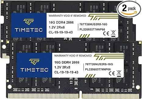 Timetec 32GB KIT(2x16GB) DDR4 2666MHz (DDR4-2666) PC4-21300 (PC4-2666V) Non-ECC Unbuffered 1.2V CL19 2Rx8 Dual Rank 260 Pin SODIMM Laptop Notebook PC Computer Memory RAM Module Upgrade