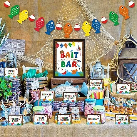 Yaaaaasss! Gone Fishing Bait Bar Bobber Dessert Food Buffet Decoration-Fishing Banner Food Labels The Big One Dessert Table Birthday Party Favor Ideas Supplies Set of 18