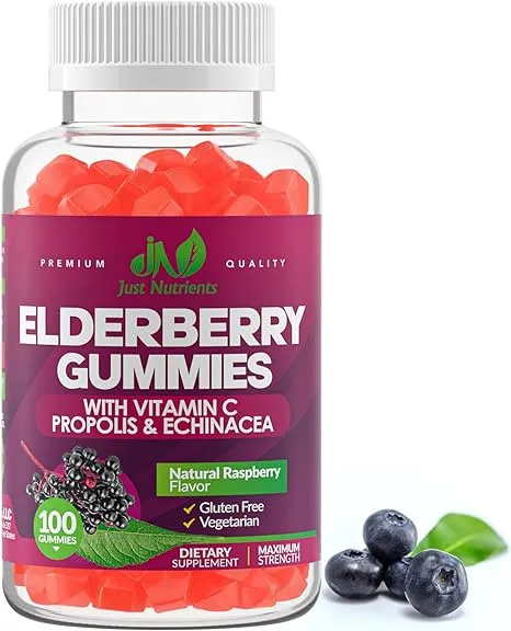 Elderberry Sambucus Gummies with Vitamin C, Echinacea, Propolis (100 count) - Immune Support for Adults & Kids - Extra Strength, Great Tasting Raspberry Flavor - Gluten-Free, Vegan - 100 Gummies