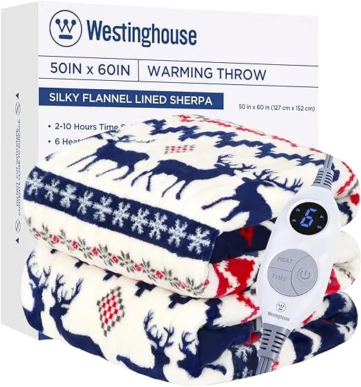 Westinghouse Heated Throw Blanket, Soft Flannel to Sherpa Electric Blanket with 6 Heating Levels & 2 to 10 Hours Heating Time Settings, Fast Heating, Machine Washable, 50x60 Inches