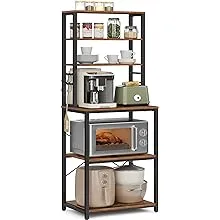 VASAGLE Coffee Bar, Baker’s Rack for Kitchen with Storage, 6-Tier Kitchen Shelves with 6 Hooks, Microwave Stand, Industrial, 15.7 x 23.6 x 65.7 Inches, Rustic Brown and Black UKKS024B01