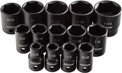 ARCAN TOOLS 1/2 Inch Drive Shallow Impact Socket Set, 3/8 Inch - 1-1/4 Inch, Cr-V, 14-Piece (AS21214S)