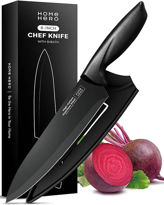 Home Hero Ultra Sharp Kitchen Knives Set, Sashimi Knife, Chef Knife - Non-Stick Kitchen Knife - Chefs Knife, Knife Block Set, Chef Knives - Santoku Knife, Multipurpose Knife (8-Inch, Black)