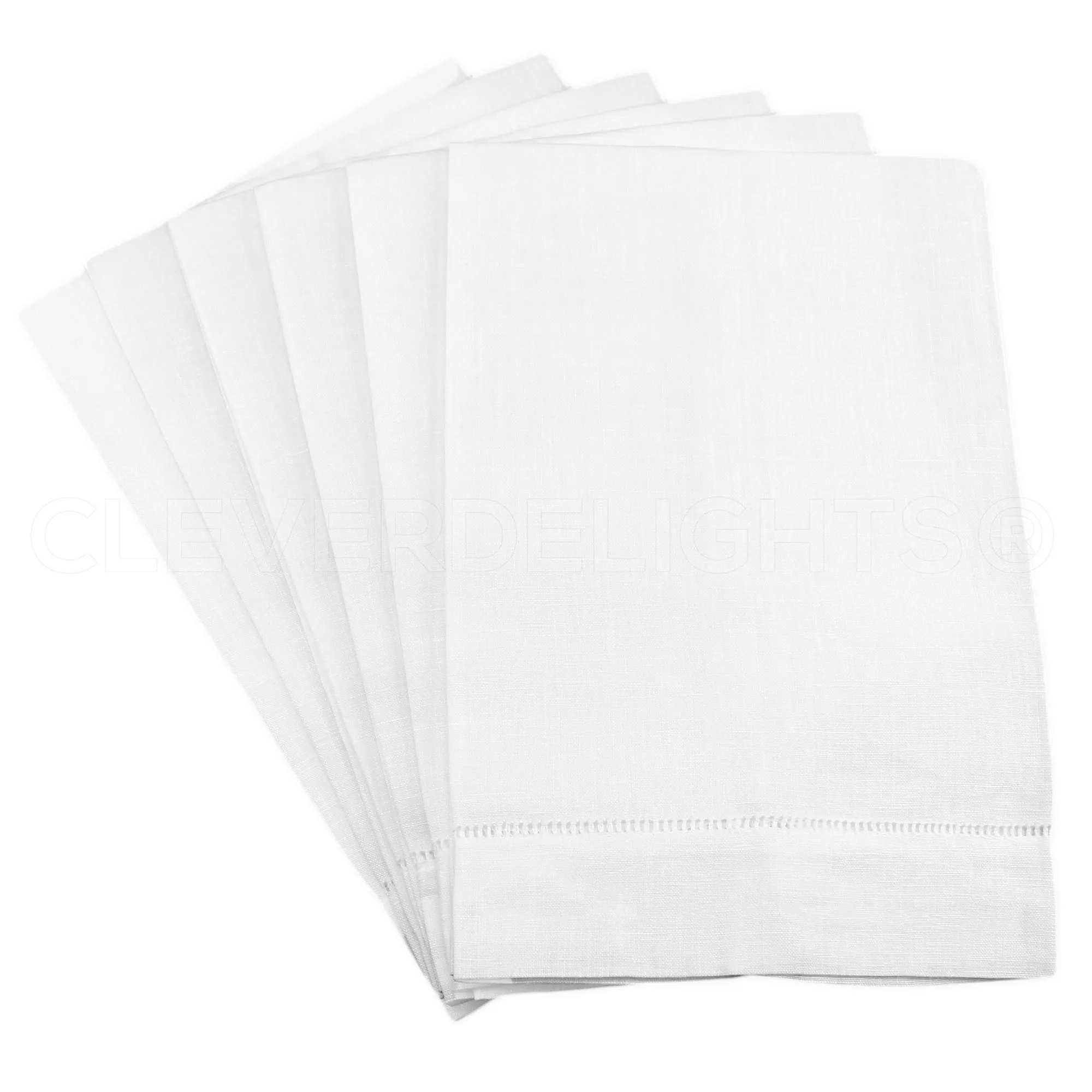 CleverDelights White Linen Hemstitched Hand Towels - 6 Pack - 14" x 22" - Fingertip Towel