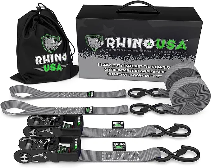 Rhino USA Ratchet Straps Tie Down Kit, 5,208 Break Strength - Includes (2) Heavy Duty 1.6" x 8' Rachet Tiedowns with Padded Handles & Coated Chromoly S Hooks + (2) Soft Loop Tie-DownsRhino USA Ratchet Straps Tie Down Kit, 5,208 Break Stren…